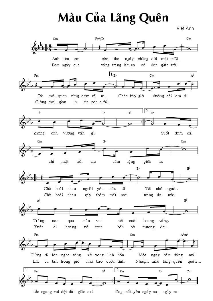 Sheet nhạc Màu Của Lãng Quên